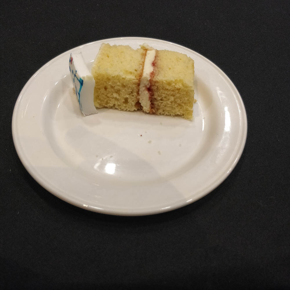Kleines Stück Kuchen auf weißem Teller.